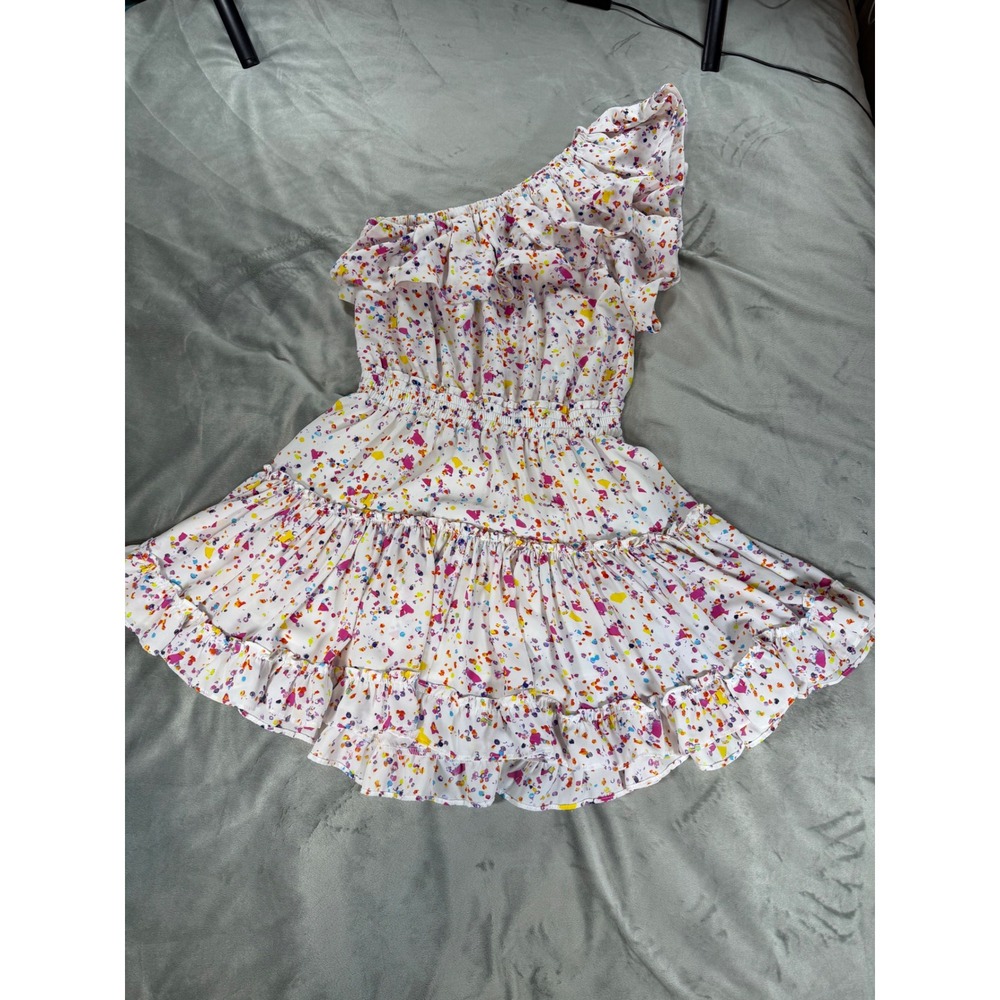 Buddy Love Sofia Rainbow Splatter Polka Dot One Shoulder Ruffle Mini Dress Sm